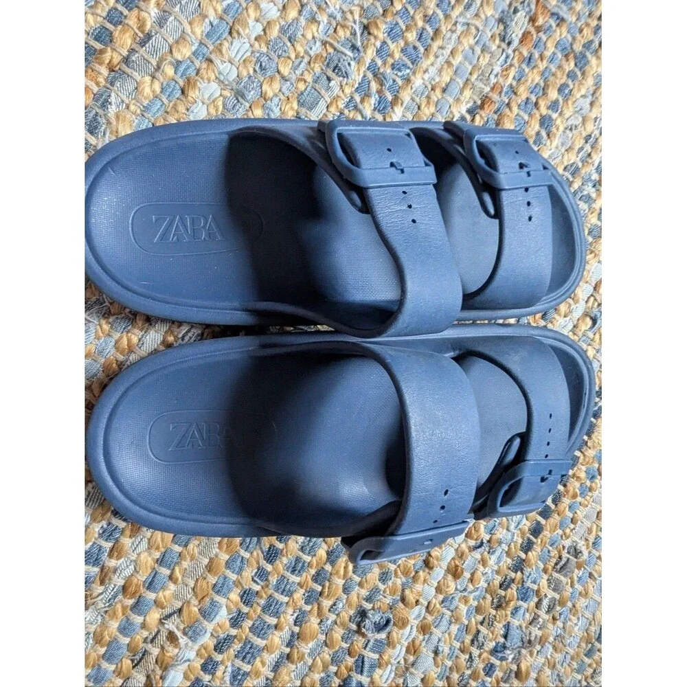 Zara Blue Double Buckle Slide Sandals 38/7.5 Minimalist Resort Athleisure Ergono